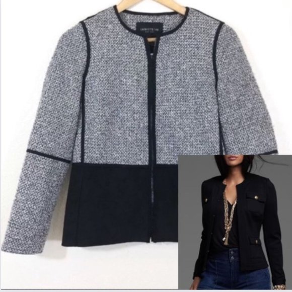 Lafayette 148 NY Collarless Black White Tweed/Suede Fitted Jacket Sz P Front Zip - Picture 4 of 16